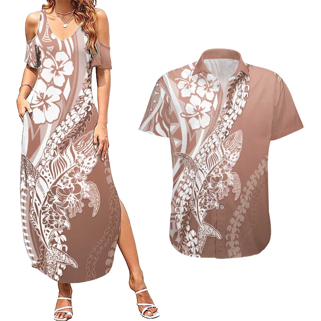 Hawaii Puakenikeni And Maile Lei Couples Matching Summer Maxi Dress and Hawaiian Shirt Brown Polynesian Shark Tattoo DT05