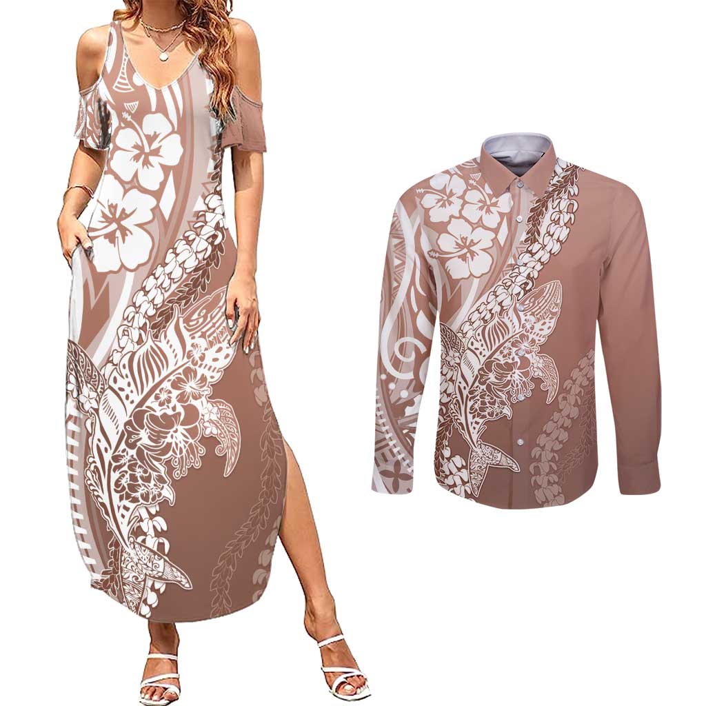 Hawaii Puakenikeni And Maile Lei Couples Matching Summer Maxi Dress and Long Sleeve Button Shirt Brown Polynesian Shark Tattoo DT05