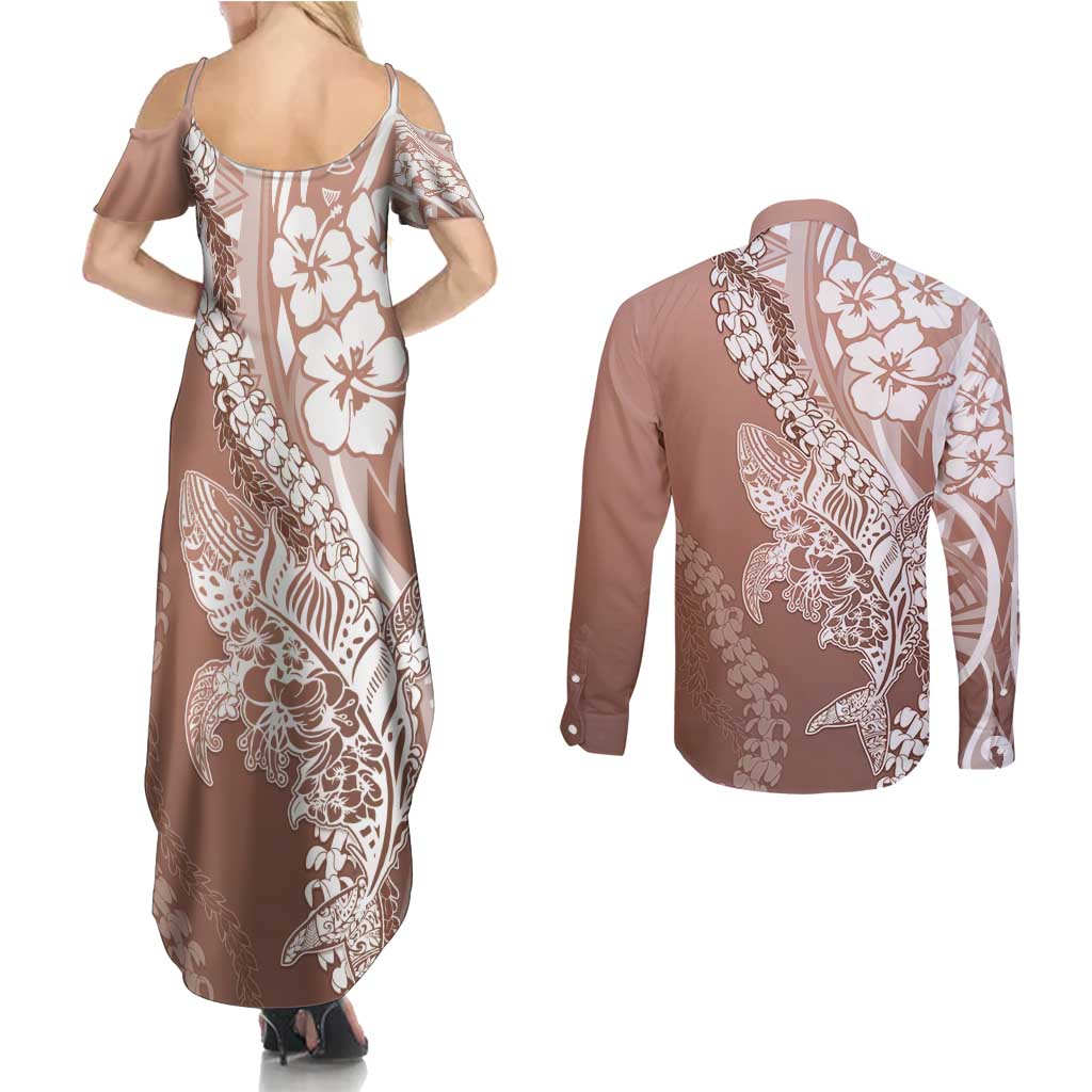 Hawaii Puakenikeni And Maile Lei Couples Matching Summer Maxi Dress and Long Sleeve Button Shirt Brown Polynesian Shark Tattoo DT05