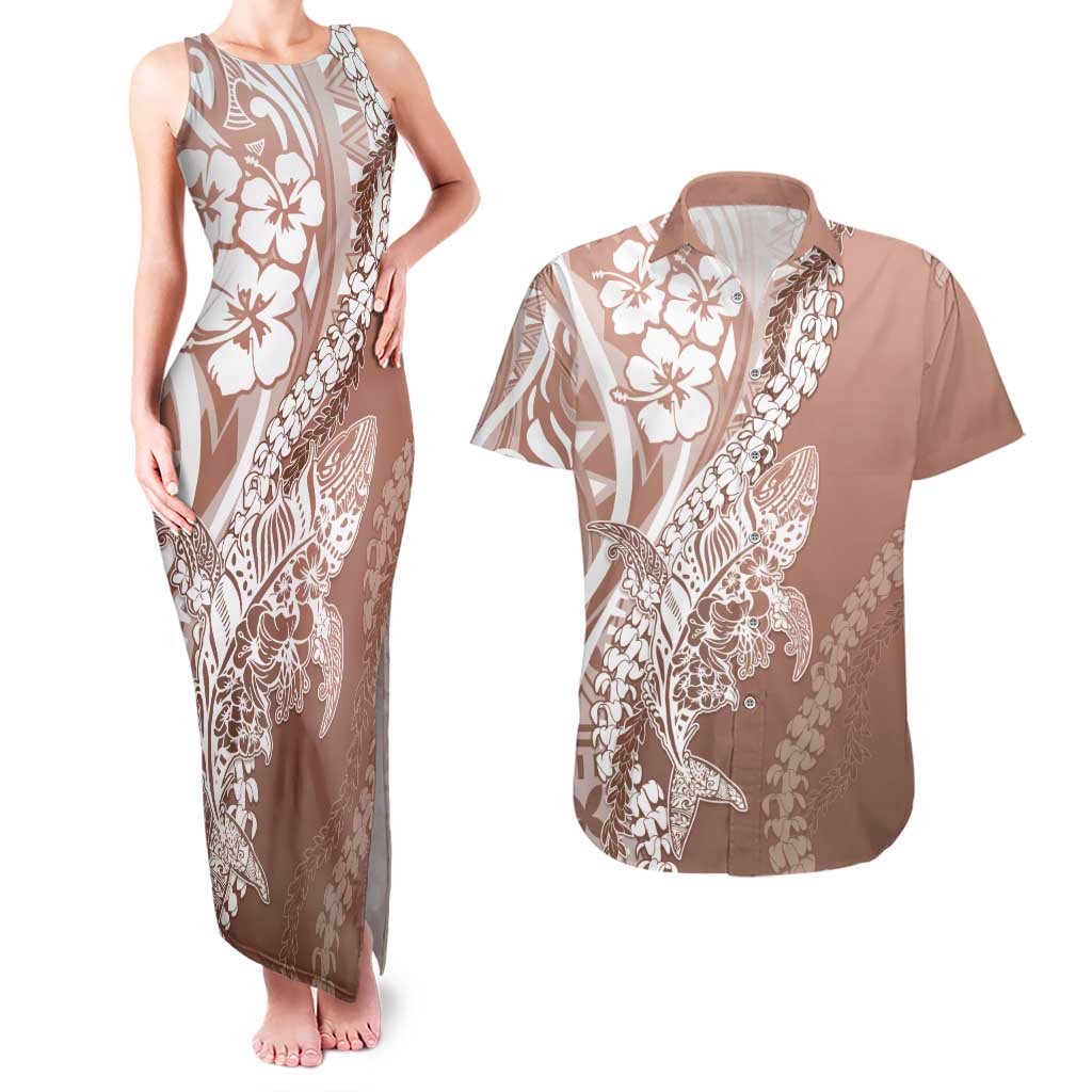 Hawaii Puakenikeni And Maile Lei Couples Matching Tank Maxi Dress and Hawaiian Shirt Brown Polynesian Shark Tattoo DT05 Brown - Polynesian Pride