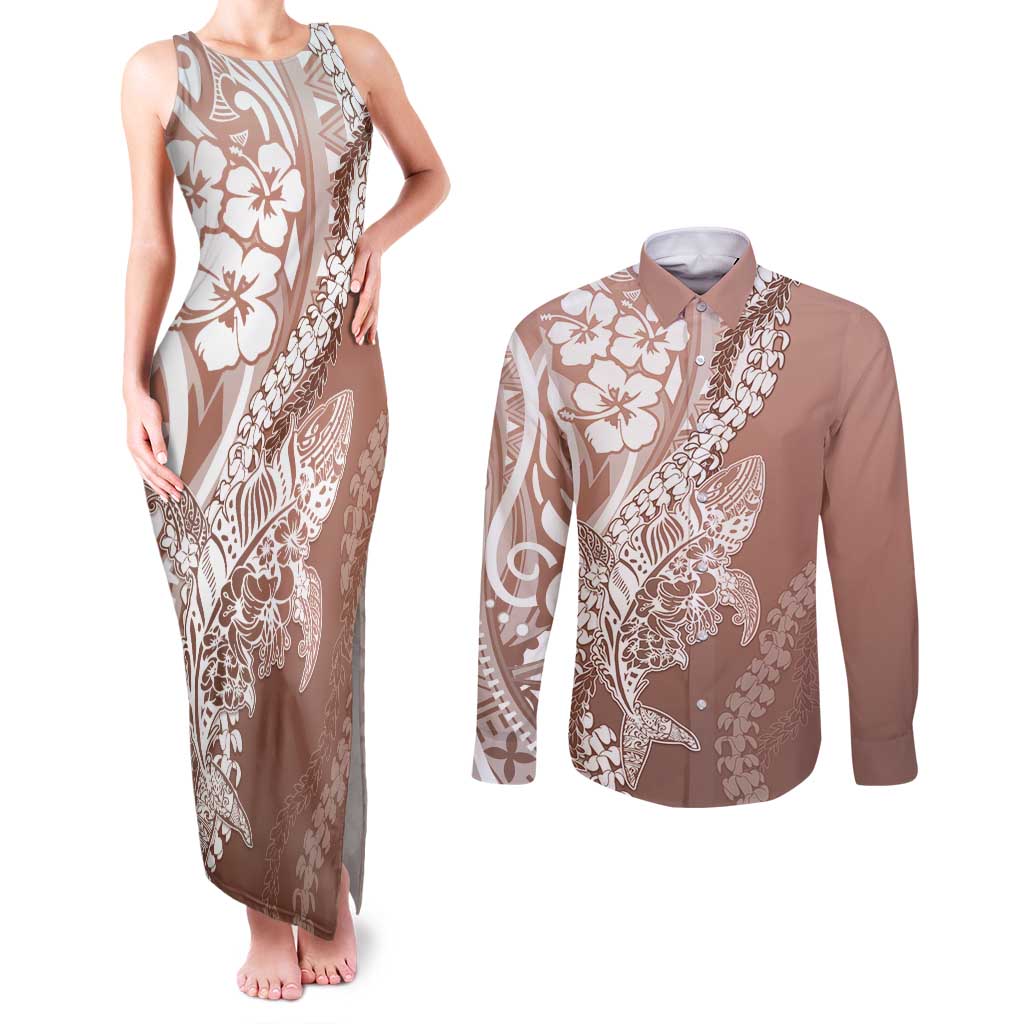 Hawaii Puakenikeni And Maile Lei Couples Matching Tank Maxi Dress and Long Sleeve Button Shirt Brown Polynesian Shark Tattoo DT05 Brown - Polynesian Pride
