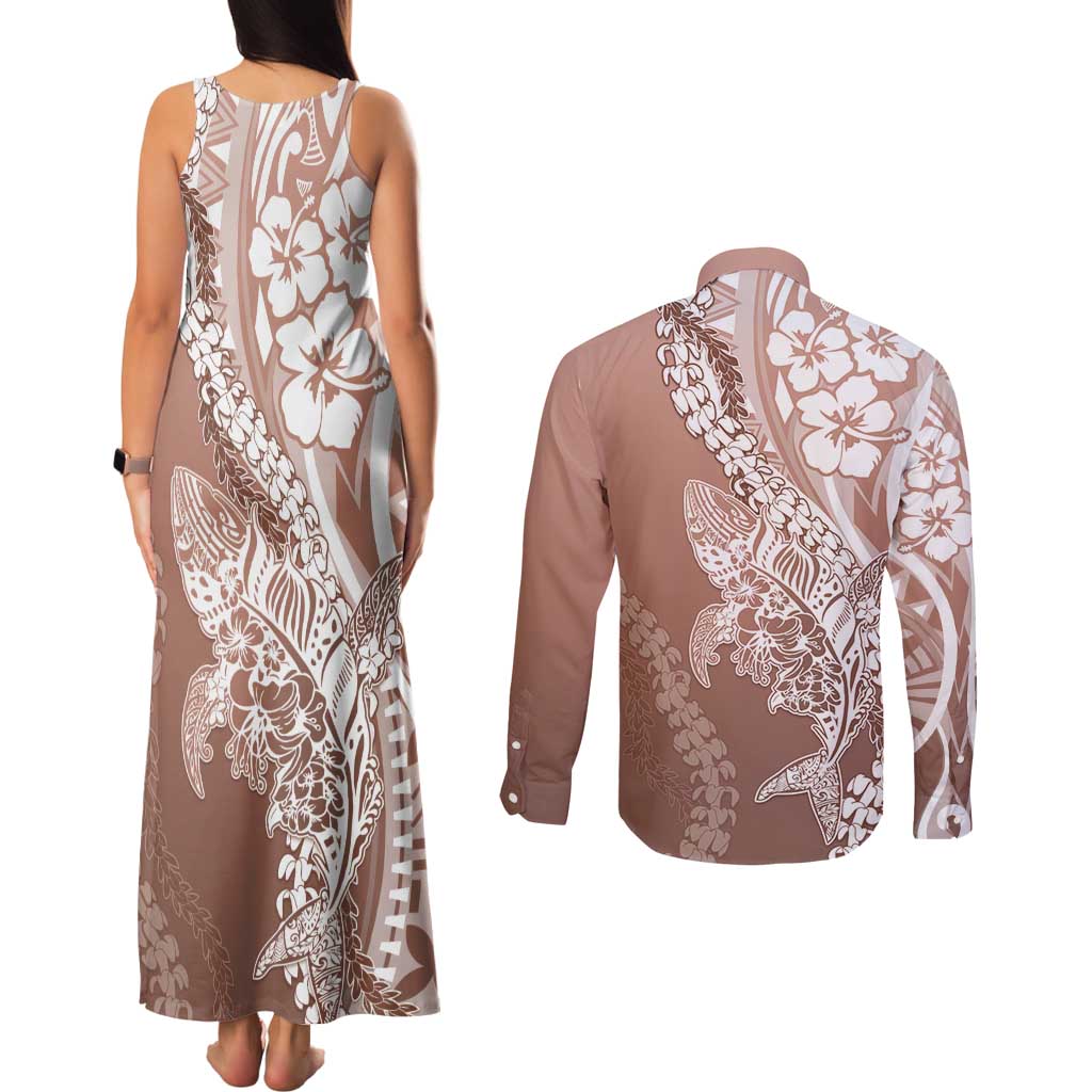 Hawaii Puakenikeni And Maile Lei Couples Matching Tank Maxi Dress and Long Sleeve Button Shirt Brown Polynesian Shark Tattoo DT05 - Polynesian Pride