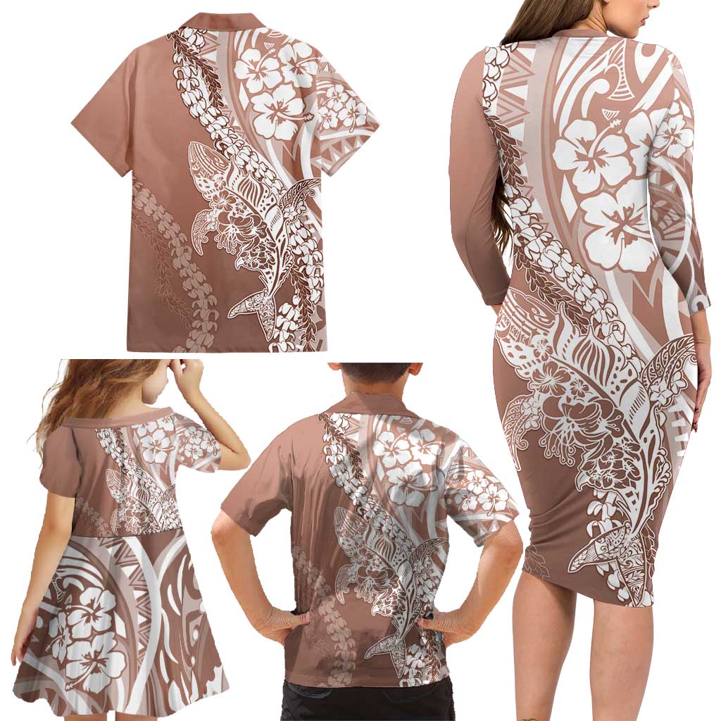 Hawaii Puakenikeni And Maile Lei Family Matching Long Sleeve Bodycon Dress and Hawaiian Shirt Brown Polynesian Shark Tattoo DT05 - Polynesian Pride