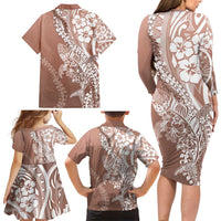 Hawaii Puakenikeni And Maile Lei Family Matching Long Sleeve Bodycon Dress and Hawaiian Shirt Brown Polynesian Shark Tattoo DT05 - Polynesian Pride
