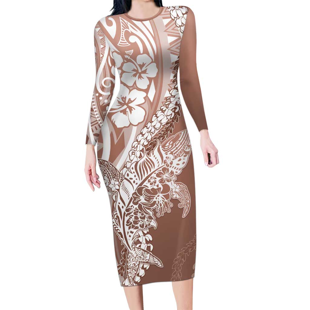 Hawaii Puakenikeni And Maile Lei Family Matching Long Sleeve Bodycon Dress and Hawaiian Shirt Brown Polynesian Shark Tattoo DT05 Mom's Dress Brown - Polynesian Pride