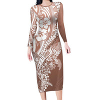 Hawaii Puakenikeni And Maile Lei Family Matching Long Sleeve Bodycon Dress and Hawaiian Shirt Brown Polynesian Shark Tattoo DT05 Mom's Dress Brown - Polynesian Pride