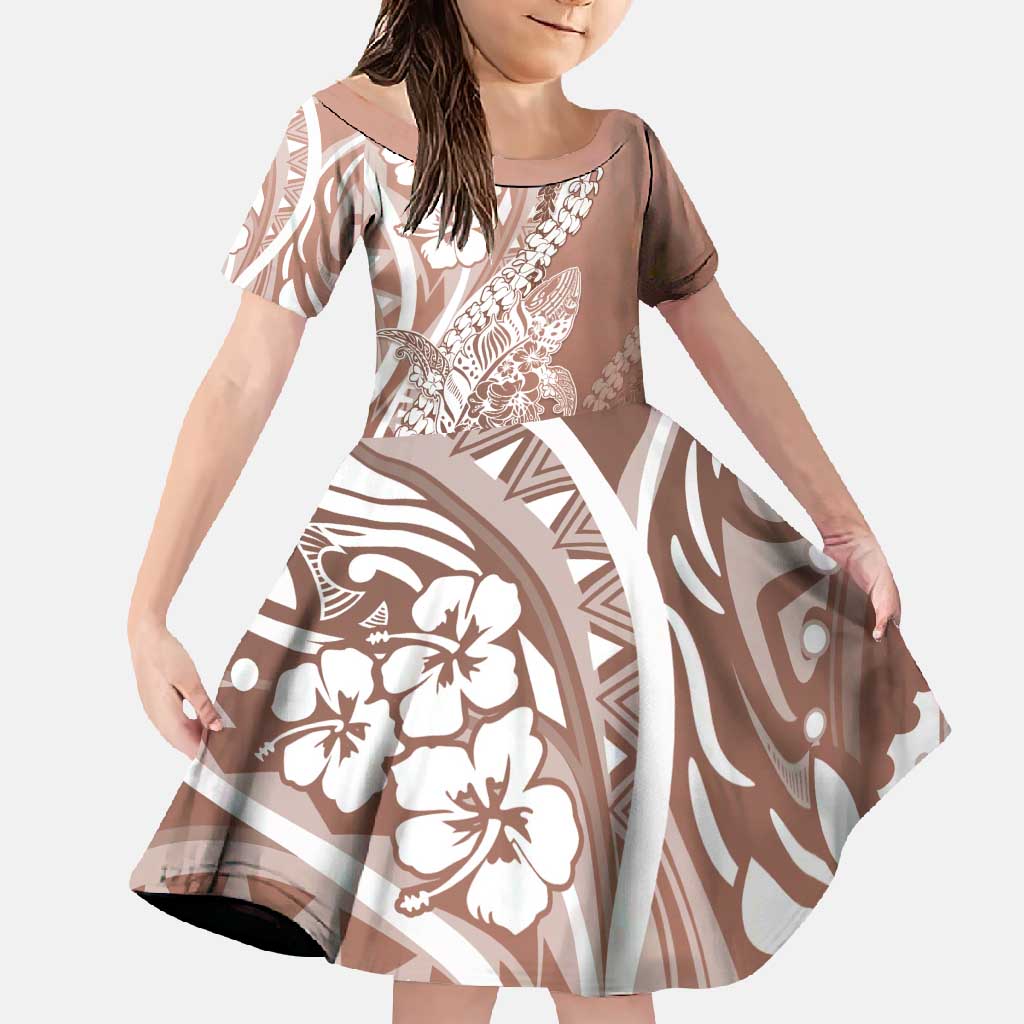 Hawaii Puakenikeni And Maile Lei Family Matching Mermaid Dress and Hawaiian Shirt Brown Polynesian Shark Tattoo DT05 Daughter's Dress Brown - Polynesian Pride