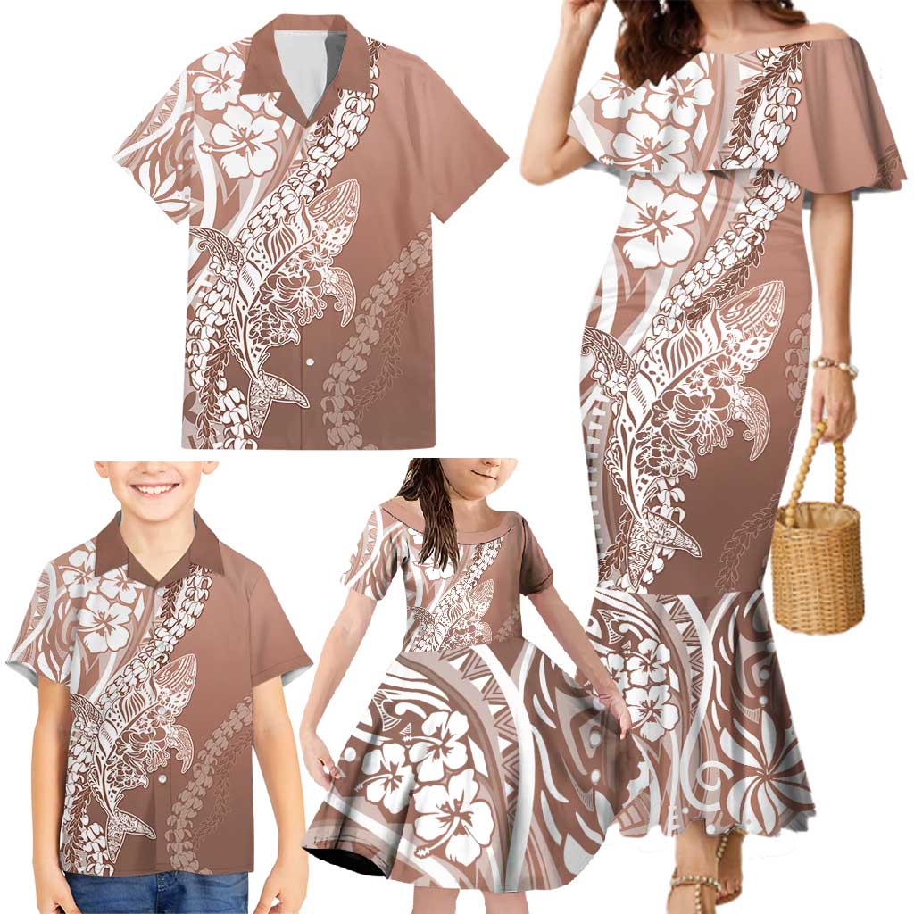 Hawaii Puakenikeni And Maile Lei Family Matching Mermaid Dress and Hawaiian Shirt Brown Polynesian Shark Tattoo DT05 - Polynesian Pride