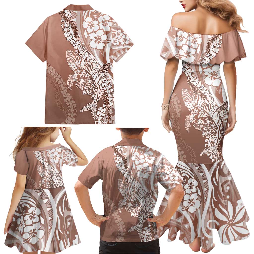 Hawaii Puakenikeni And Maile Lei Family Matching Mermaid Dress and Hawaiian Shirt Brown Polynesian Shark Tattoo DT05 - Polynesian Pride