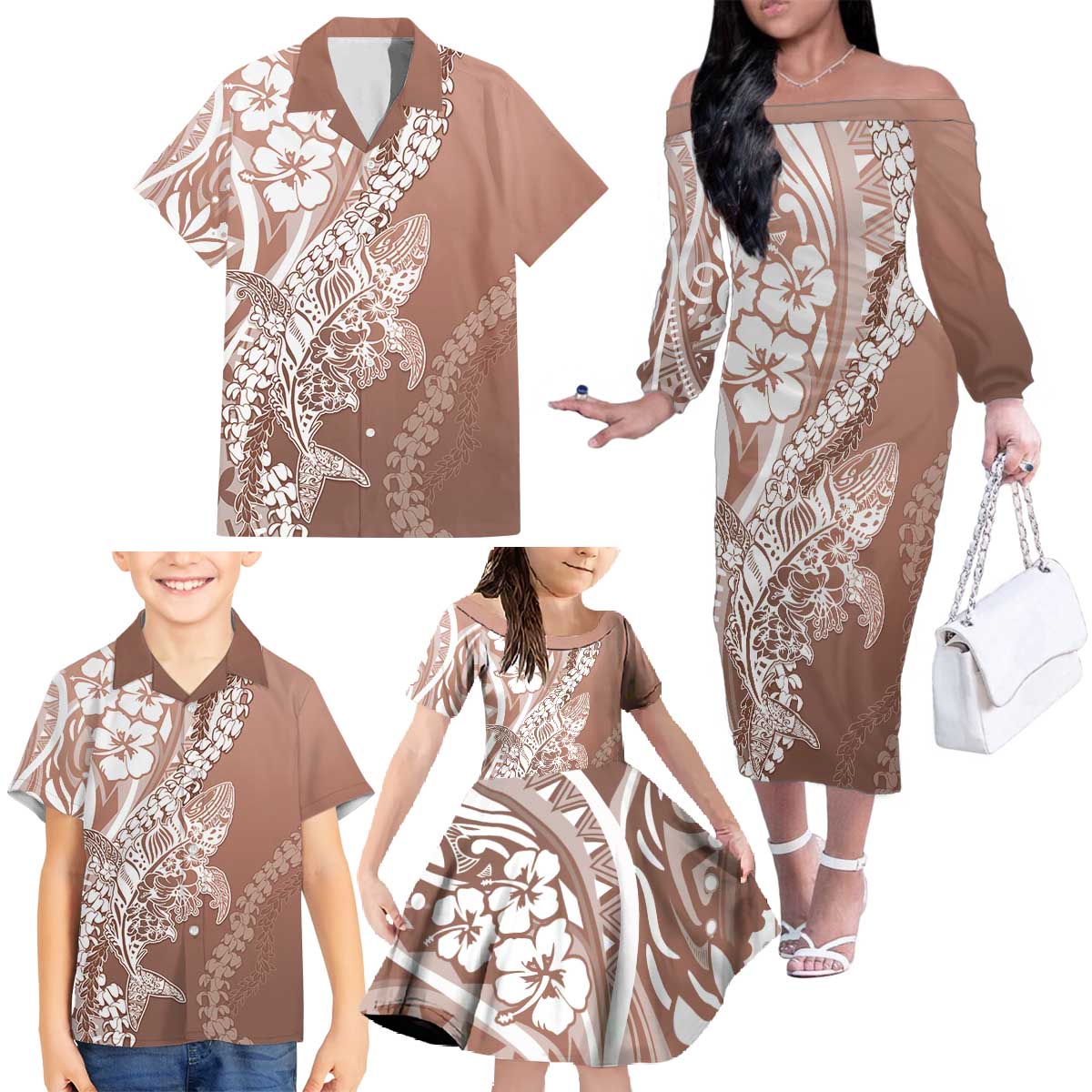 Hawaii Puakenikeni & Maile Lei – Family Matching Dress & Hawaiian Shirt – Polynesian Shark Brown DT05 - Polynesian Pride