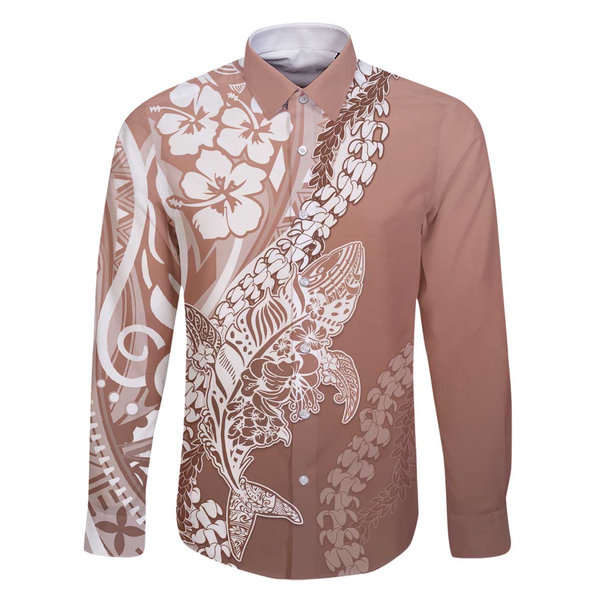 Hawaii Puakenikeni & Maile Lei – Family Matching Dress & Hawaiian Shirt – Polynesian Shark Brown DT05 Dad's Shirt - Long Sleeve Brown - Polynesian Pride