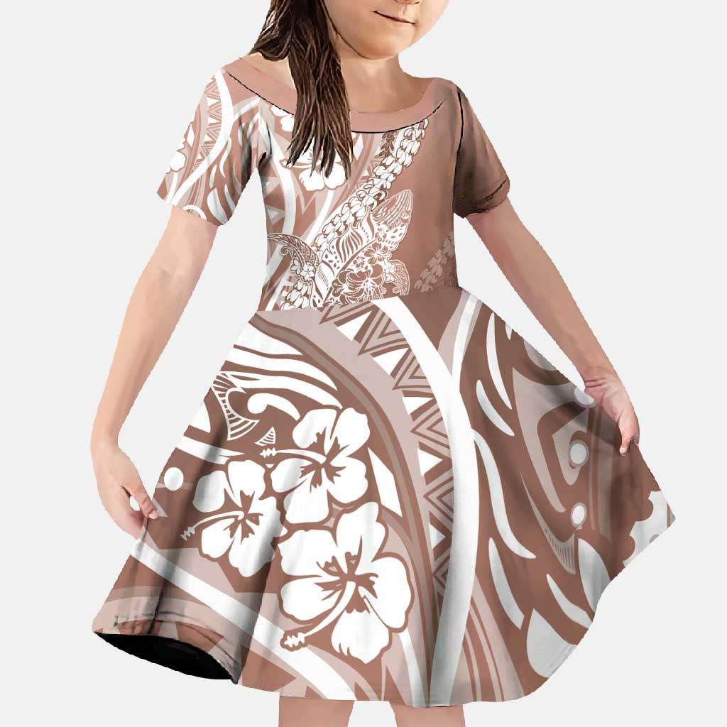 Hawaii Puakenikeni And Maile Lei Family Matching Off Shoulder Maxi Dress and Hawaiian Shirt Brown Polynesian Shark Tattoo DT05 Daughter's Dress Brown - Polynesian Pride