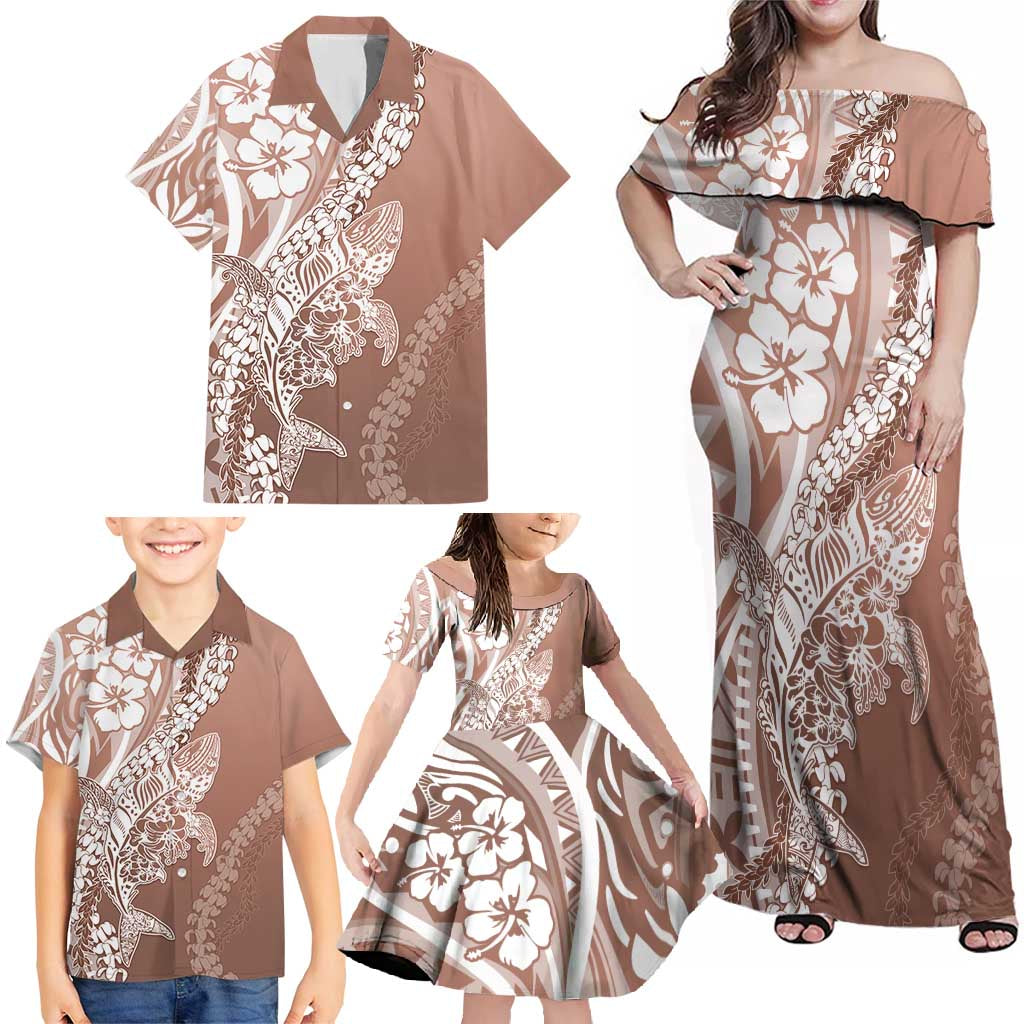 Hawaii Puakenikeni And Maile Lei Family Matching Off Shoulder Maxi Dress and Hawaiian Shirt Brown Polynesian Shark Tattoo DT05 - Polynesian Pride