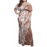 Hawaii Puakenikeni And Maile Lei Family Matching Off Shoulder Maxi Dress and Hawaiian Shirt Brown Polynesian Shark Tattoo DT05 Mom's Dress Brown - Polynesian Pride