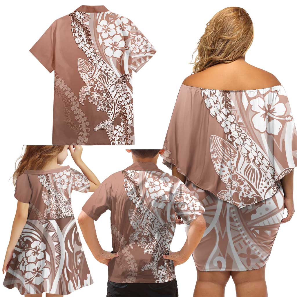 Hawaii Puakenikeni And Maile Lei Family Matching Off Shoulder Short Dress and Hawaiian Shirt Brown Polynesian Shark Tattoo DT05 - Polynesian Pride