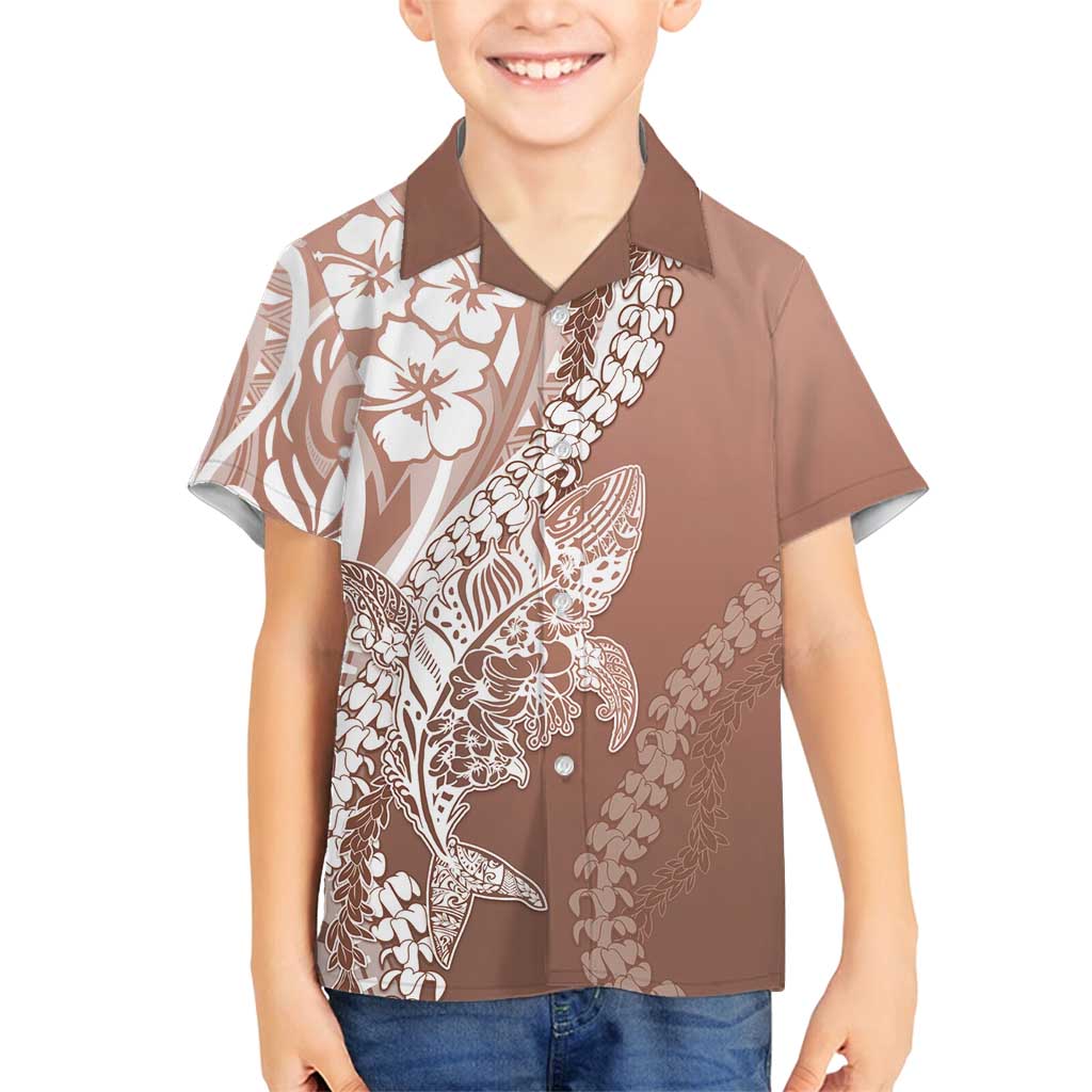 Hawaii Puakenikeni And Maile Lei Family Matching Off Shoulder Short Dress and Hawaiian Shirt Brown Polynesian Shark Tattoo DT05 Son's Shirt Brown - Polynesian Pride