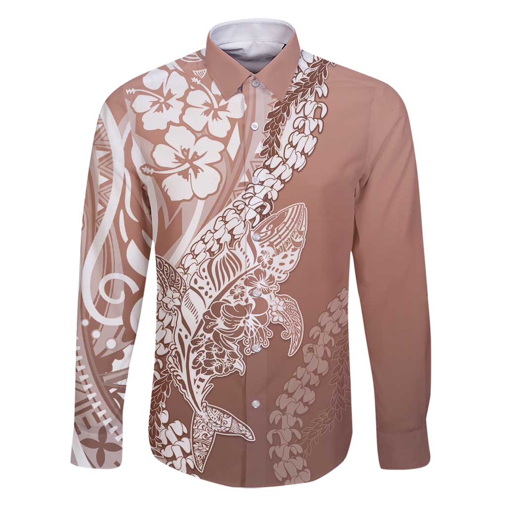 Hawaii Puakenikeni And Maile Lei Family Matching Puletasi and Hawaiian Shirt Brown Polynesian Shark Tattoo DT05 Dad's Shirt - Long Sleeve Brown - Polynesian Pride