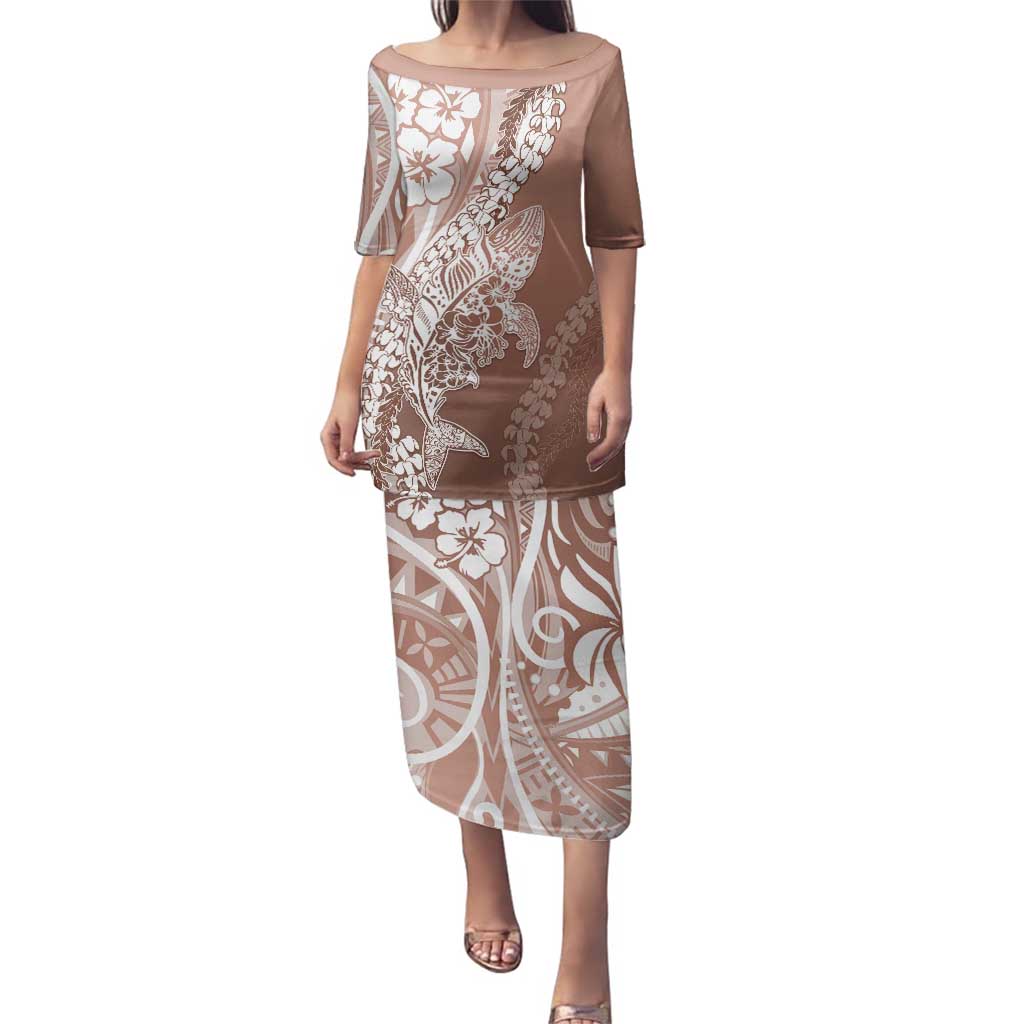 Hawaii Puakenikeni And Maile Lei Family Matching Puletasi and Hawaiian Shirt Brown Polynesian Shark Tattoo DT05 Mom's Dress Brown - Polynesian Pride