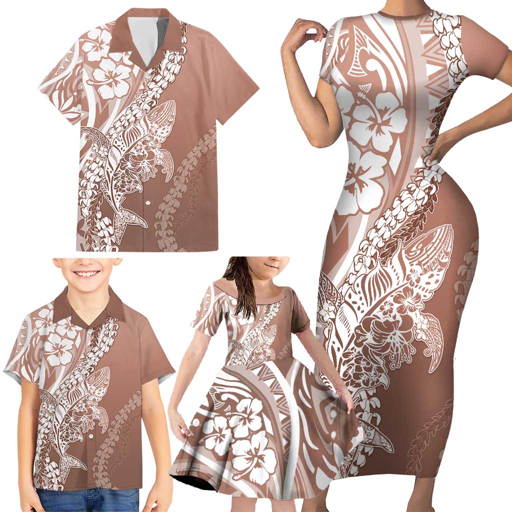 Hawaii Puakenikeni And Maile Lei Family Matching Short Sleeve Bodycon Dress and Hawaiian Shirt Brown Polynesian Shark Tattoo DT05 - Polynesian Pride