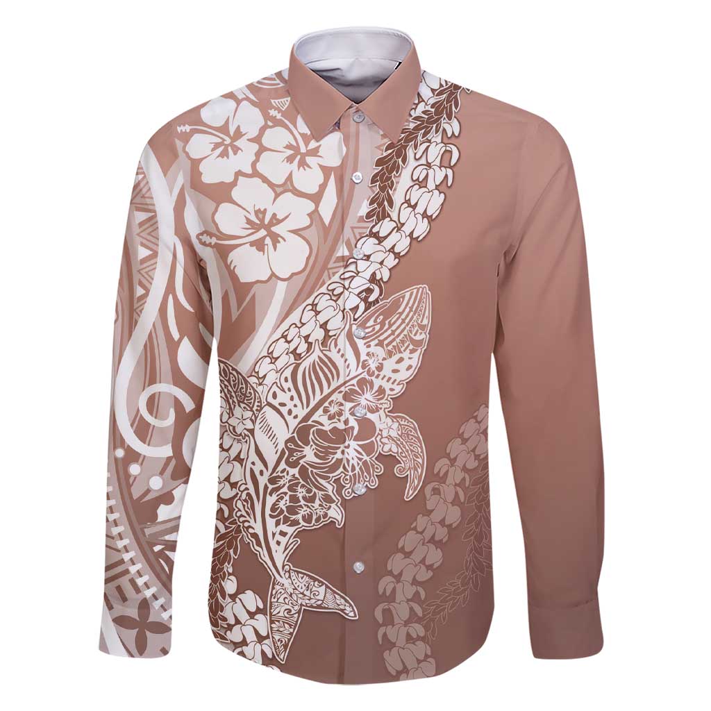 Hawaii Puakenikeni And Maile Lei Family Matching Short Sleeve Bodycon Dress and Hawaiian Shirt Brown Polynesian Shark Tattoo DT05 Dad's Shirt - Long Sleeve Brown - Polynesian Pride
