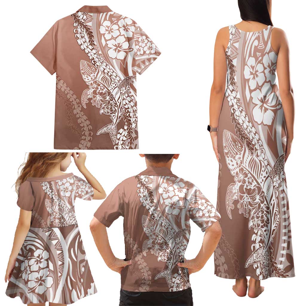 Hawaii Puakenikeni And Maile Lei Family Matching Tank Maxi Dress and Hawaiian Shirt Brown Polynesian Shark Tattoo DT05 - Polynesian Pride