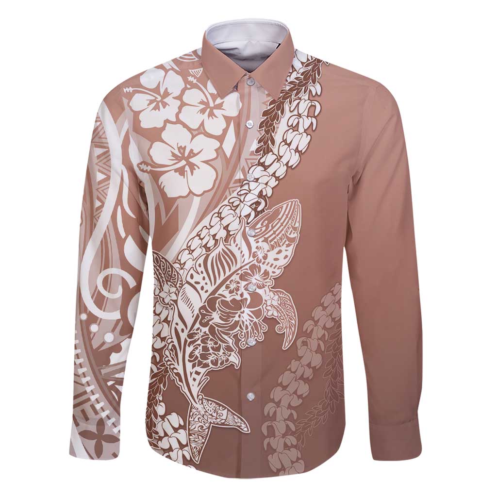 Hawaii Puakenikeni And Maile Lei Family Matching Tank Maxi Dress and Hawaiian Shirt Brown Polynesian Shark Tattoo DT05 Dad's Shirt - Long Sleeve Brown - Polynesian Pride