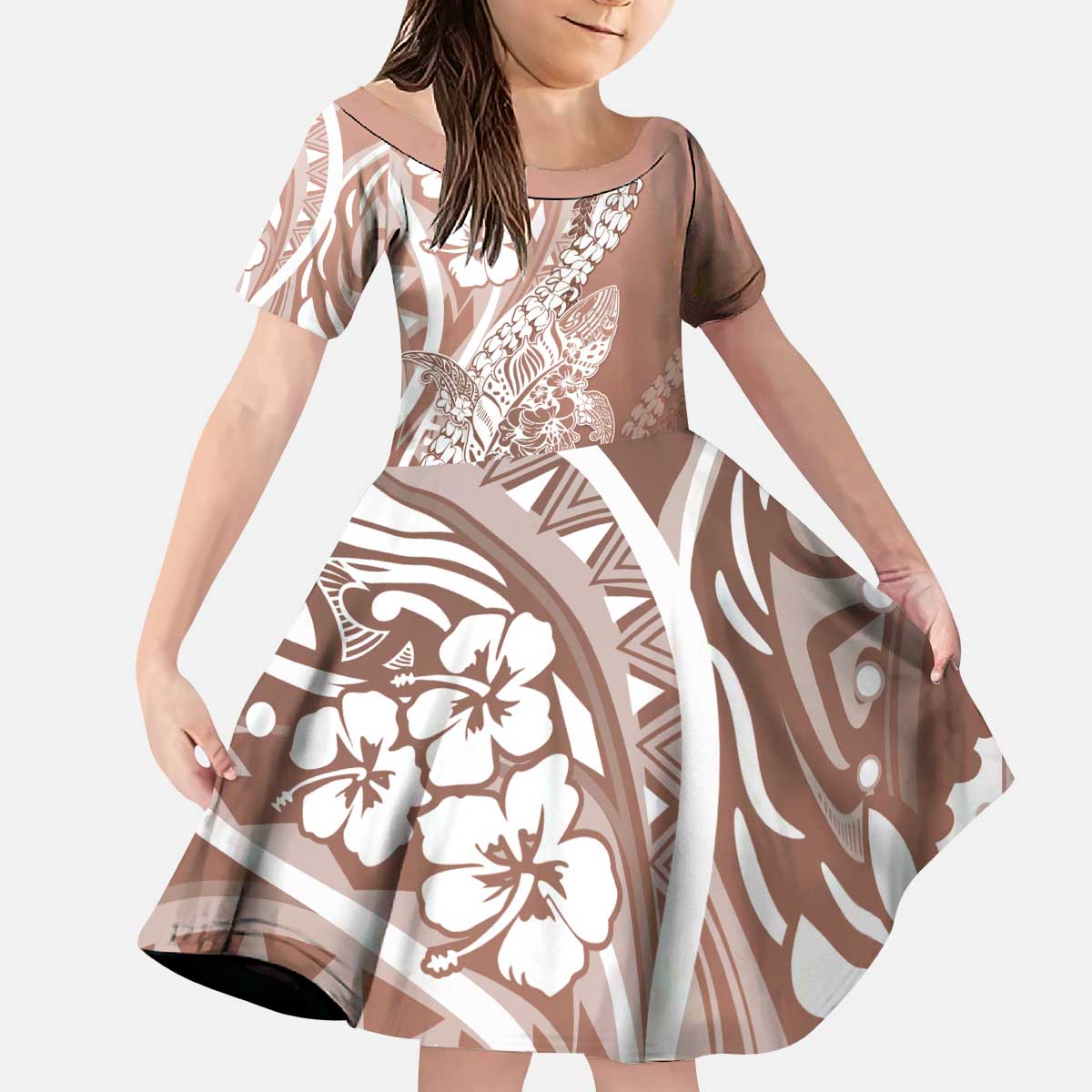 Hawaii Puakenikeni And Maile Lei Kid Short Sleeve Dress Brown Polynesian Shark Tattoo DT05