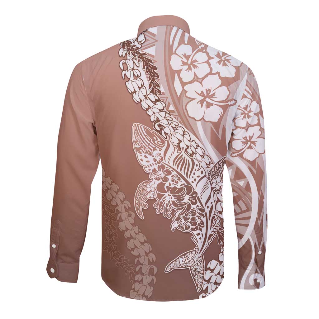Hawaii Puakenikeni And Maile Lei Long Sleeve Button Shirt Brown Polynesian Shark Tattoo DT05