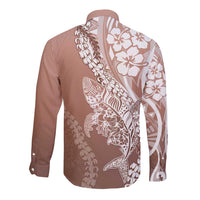 Hawaii Puakenikeni And Maile Lei Long Sleeve Button Shirt Brown Polynesian Shark Tattoo DT05