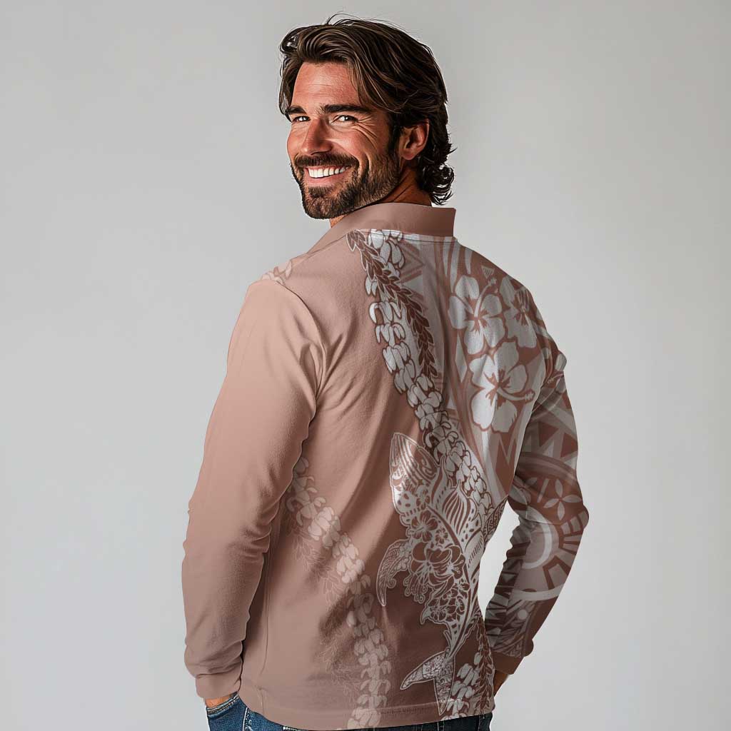 Hawaii Puakenikeni And Maile Lei Long Sleeve Polo Shirt Brown Polynesian Shark Tattoo DT05