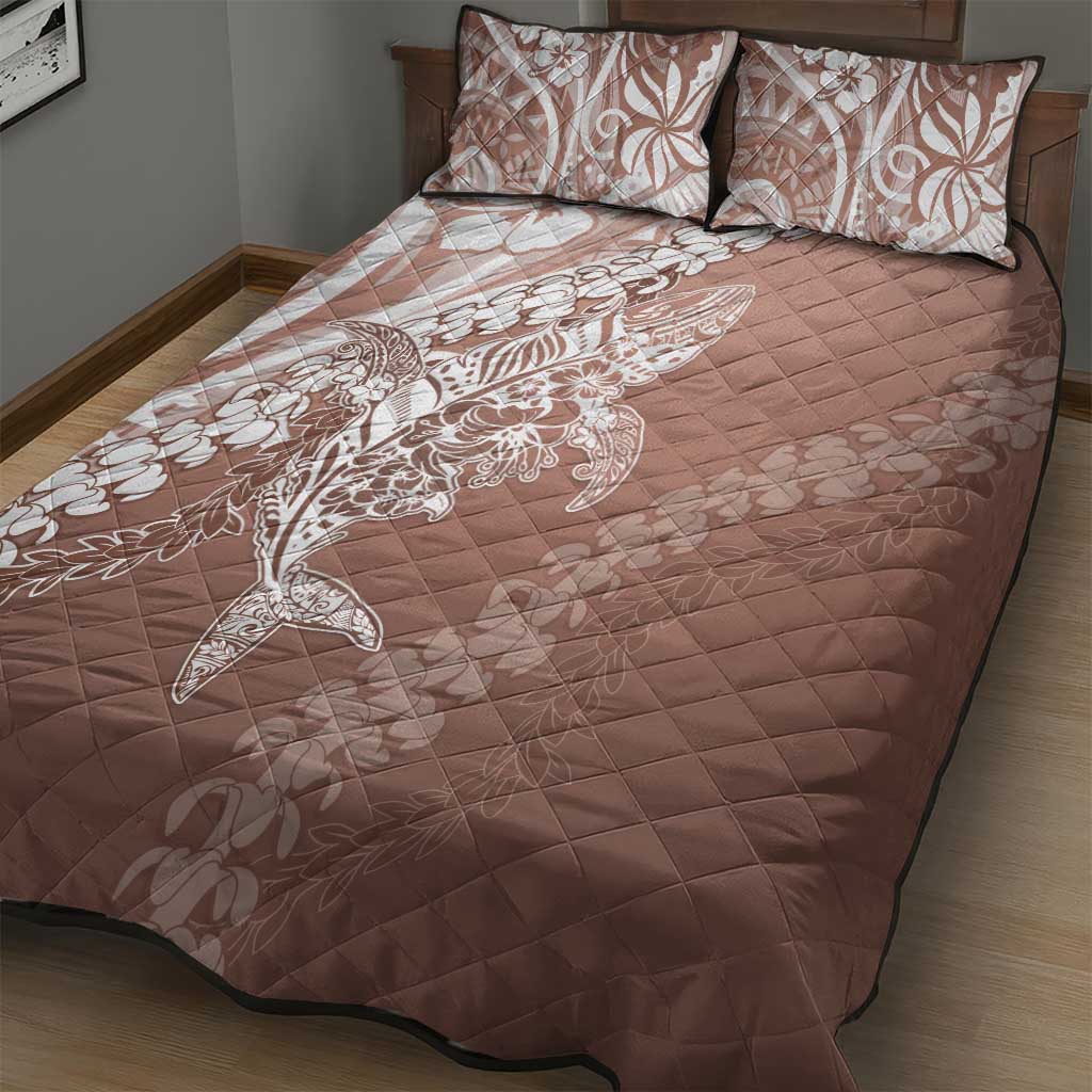 Hawaii Puakenikeni And Maile Lei Quilt Bed Set Brown Polynesian Shark Tattoo DT05