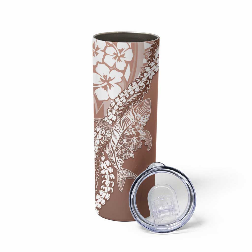 Hawaii Puakenikeni And Maile Lei Skinny Tumbler Brown Polynesian Shark Tattoo DT05