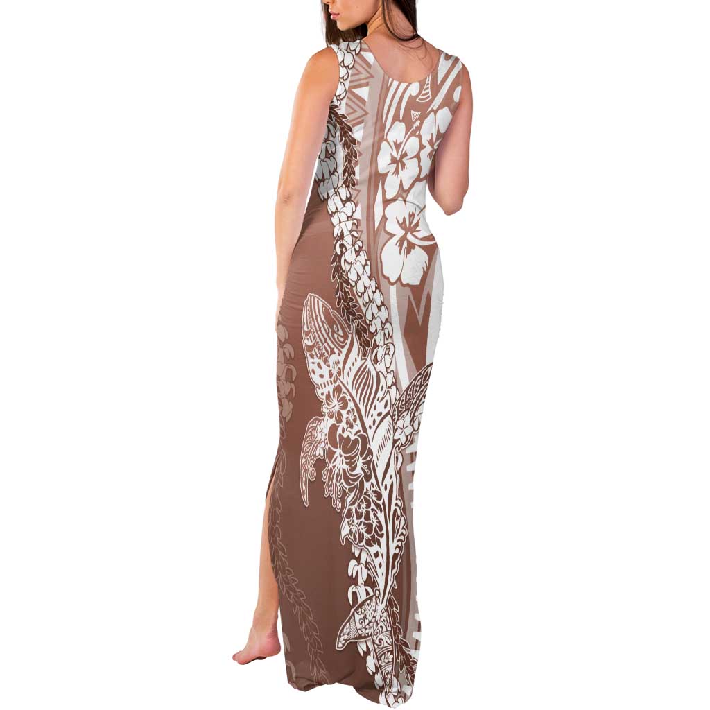 Hawaii Puakenikeni And Maile Lei Tank Maxi Dress Brown Polynesian Shark Tattoo DT05