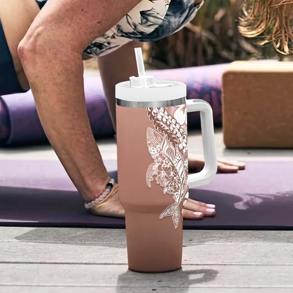 Hawaii Puakenikeni And Maile Lei Tumbler With Handle Brown Polynesian Shark Tattoo DT05