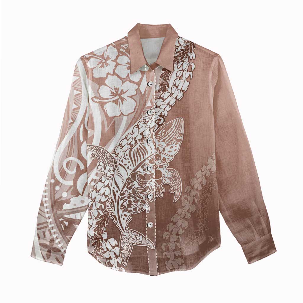 Hawaii Puakenikeni And Maile Lei Women Casual Shirt Brown Polynesian Shark Tattoo DT05