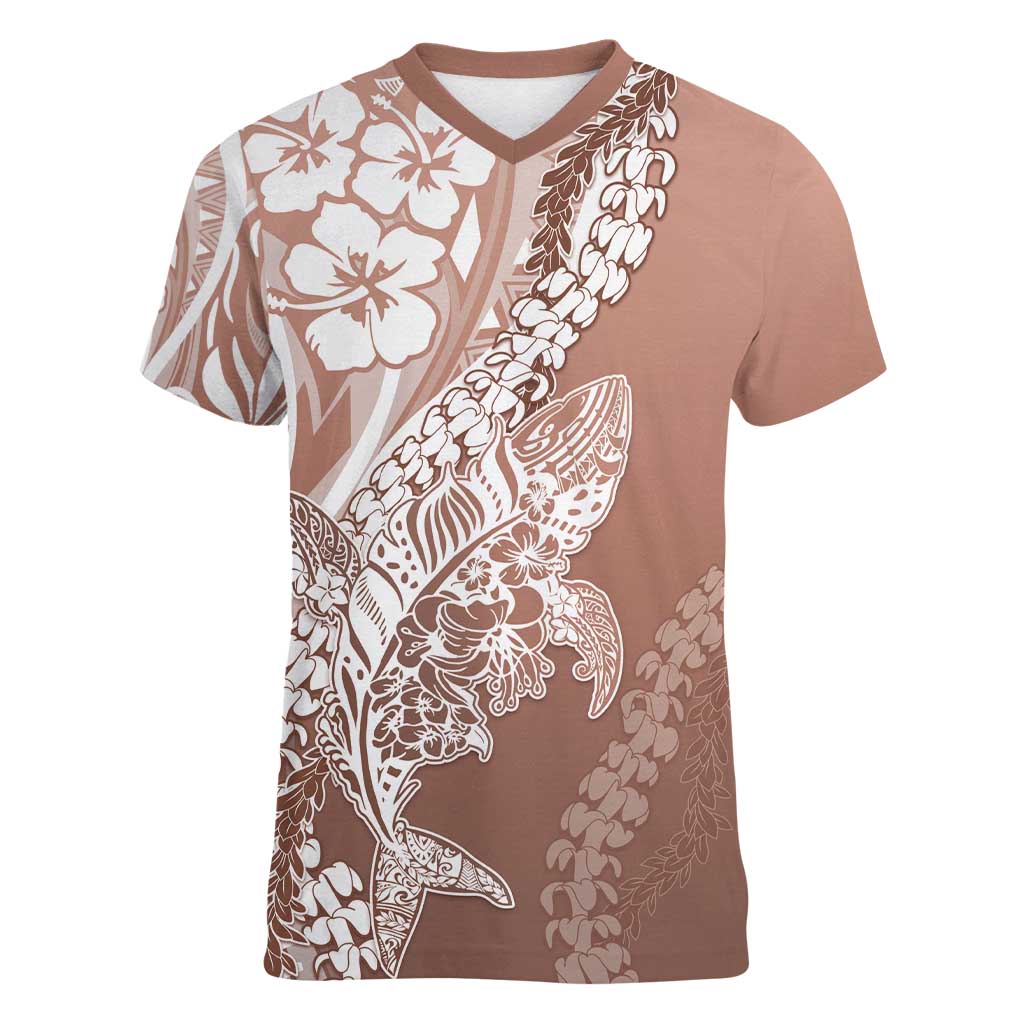 Hawaii Puakenikeni And Maile Lei Women V-Neck T-Shirt Brown Polynesian Shark Tattoo DT05