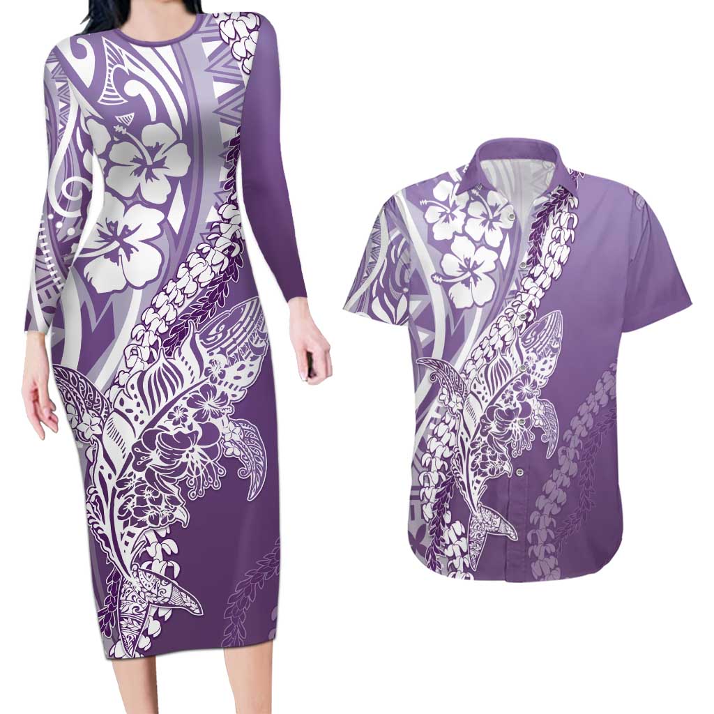 Hawaii Puakenikeni And Maile Lei Couples Matching Long Sleeve Bodycon Dress and Hawaiian Shirt Violet Polynesian Shark Tattoo DT05 Violet - Polynesian Pride