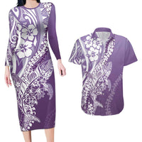 Hawaii Puakenikeni And Maile Lei Couples Matching Long Sleeve Bodycon Dress and Hawaiian Shirt Violet Polynesian Shark Tattoo DT05 Violet - Polynesian Pride