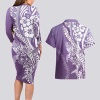 Hawaii Puakenikeni And Maile Lei Couples Matching Long Sleeve Bodycon Dress and Hawaiian Shirt Violet Polynesian Shark Tattoo DT05 - Polynesian Pride