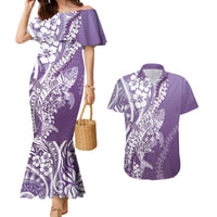 Hawaii Puakenikeni And Maile Lei Couples Matching Mermaid Dress and Hawaiian Shirt Violet Polynesian Shark Tattoo DT05 Violet - Polynesian Pride