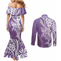 Hawaii Puakenikeni And Maile Lei Couples Matching Mermaid Dress and Long Sleeve Button Shirt Violet Polynesian Shark Tattoo DT05 - Polynesian Pride