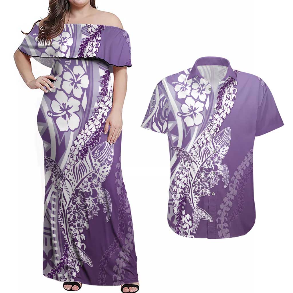 Hawaii Puakenikeni And Maile Lei Couples Matching Off Shoulder Maxi Dress and Hawaiian Shirt Violet Polynesian Shark Tattoo DT05 Violet - Polynesian Pride