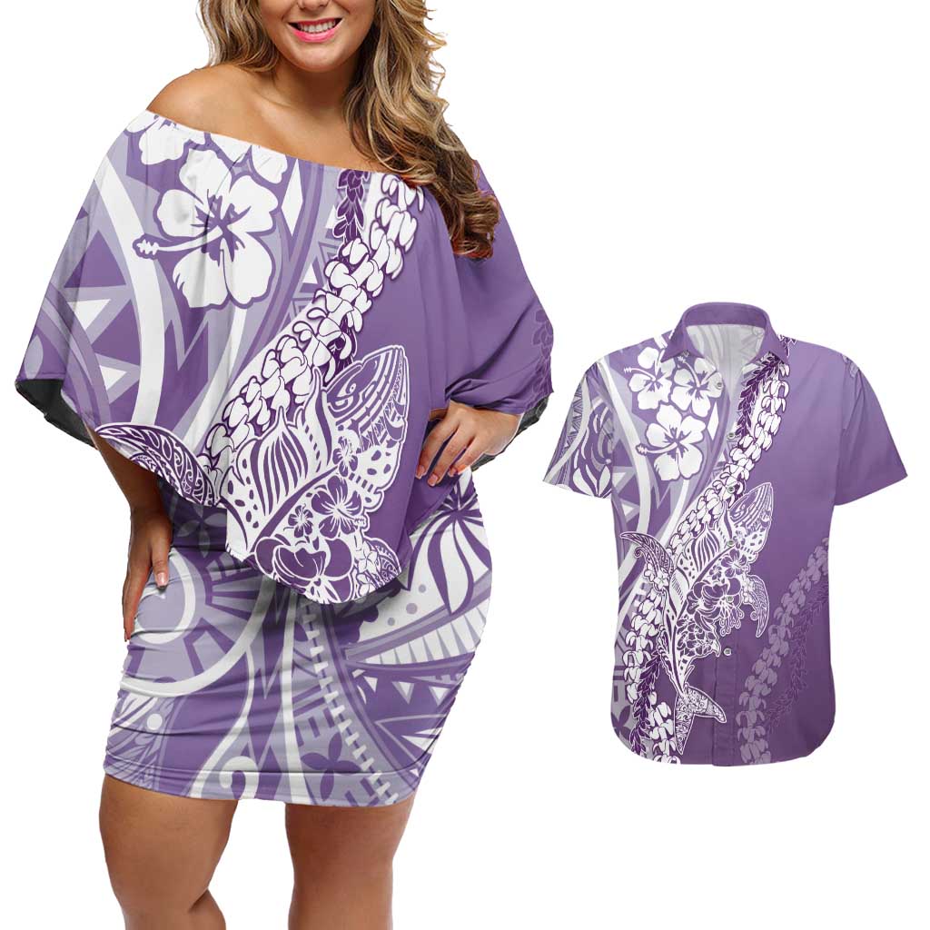 Hawaii Puakenikeni And Maile Lei Couples Matching Off Shoulder Short Dress and Hawaiian Shirt Violet Polynesian Shark Tattoo DT05 Violet - Polynesian Pride