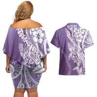 Hawaii Puakenikeni And Maile Lei Couples Matching Off Shoulder Short Dress and Hawaiian Shirt Violet Polynesian Shark Tattoo DT05 - Polynesian Pride