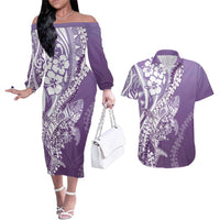 Hawaii Puakenikeni And Maile Lei Couples Matching Off The Shoulder Long Sleeve Dress and Hawaiian Shirt Violet Polynesian Shark Tattoo DT05 Violet - Polynesian Pride