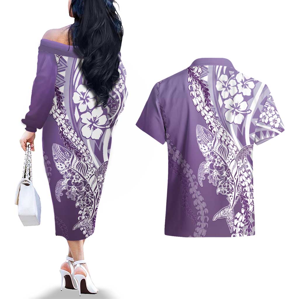 Hawaii Puakenikeni And Maile Lei Couples Matching Off The Shoulder Long Sleeve Dress and Hawaiian Shirt Violet Polynesian Shark Tattoo DT05 - Polynesian Pride