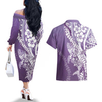 Hawaii Puakenikeni And Maile Lei Couples Matching Off The Shoulder Long Sleeve Dress and Hawaiian Shirt Violet Polynesian Shark Tattoo DT05 - Polynesian Pride