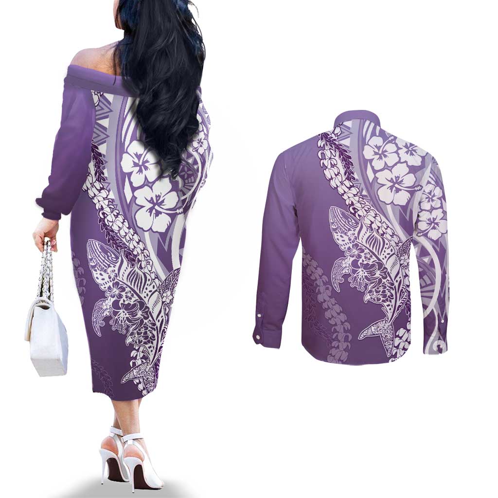 Hawaii Puakenikeni And Maile Lei Couples Matching Off The Shoulder Long Sleeve Dress and Long Sleeve Button Shirt Violet Polynesian Shark Tattoo DT05 - Polynesian Pride