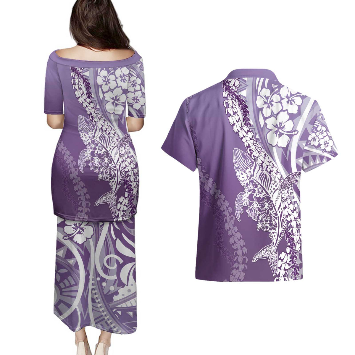 Hawaii Puakenikeni And Maile Lei Couples Matching Puletasi and Hawaiian Shirt Violet Polynesian Shark Tattoo DT05