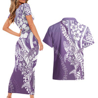 Hawaii Puakenikeni And Maile Lei Couples Matching Short Sleeve Bodycon Dress and Hawaiian Shirt Violet Polynesian Shark Tattoo DT05 - Polynesian Pride